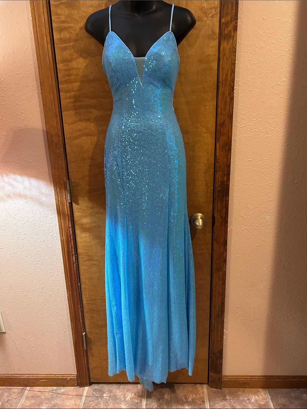 Sparkling Light Blue Sequin Spaghetti-Strap Prom Dress